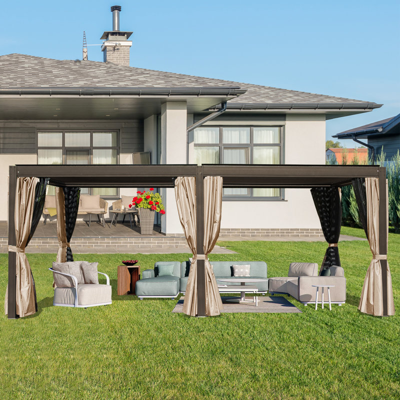 20 ft. x 12 ft. Aluminum Pergola with Adjustable Roof, Curtains & Netting, Brown