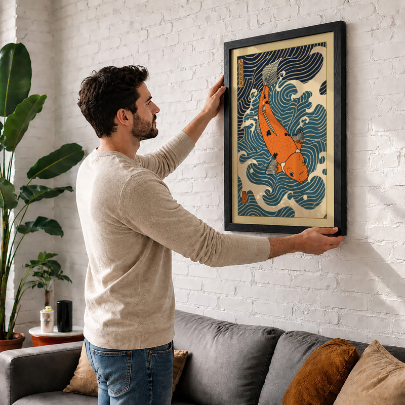 Koi in Motion Japandi - Framed Print, Black, A4 - 29.7 x 21.0 cm