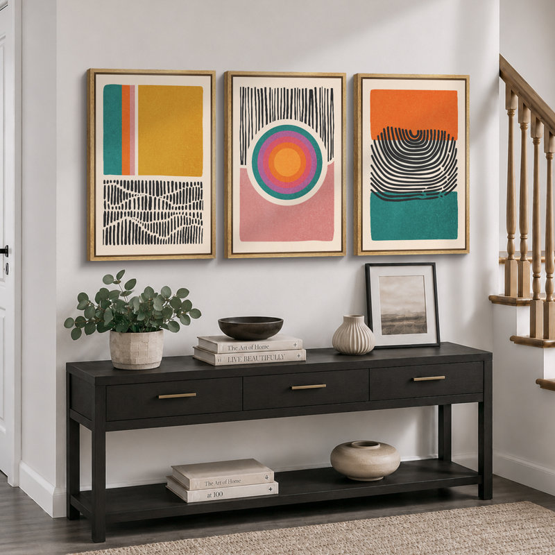 «Mid-Century Multicolor Color Block Shape Abstract Geometric», ensemble de 3 impressions sur toile flottante encadrées