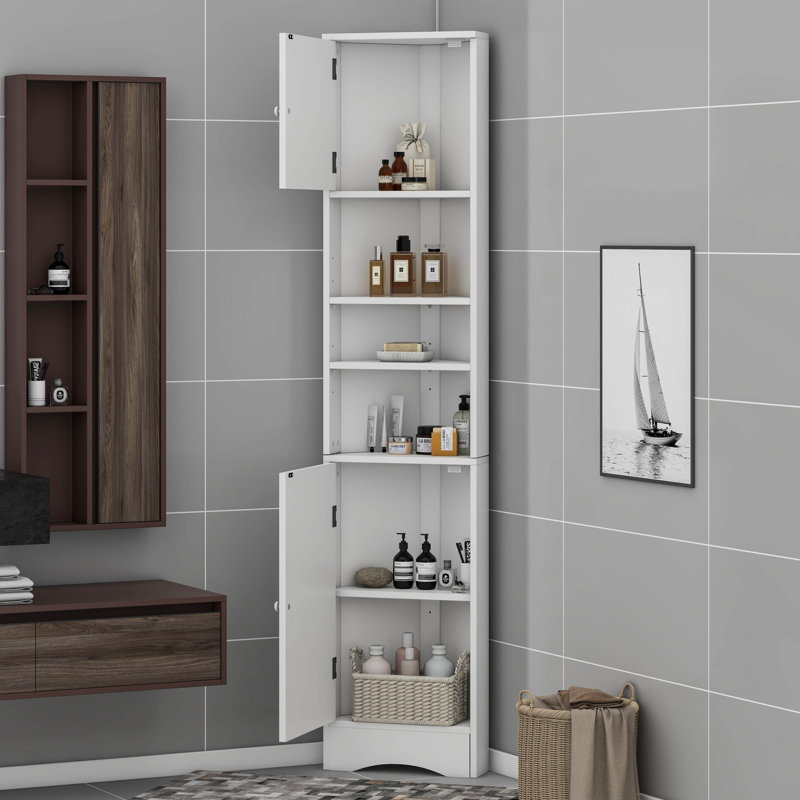 Grande armoire d'angle pour salle de bain avec portes et tablettes réglables, Blanc