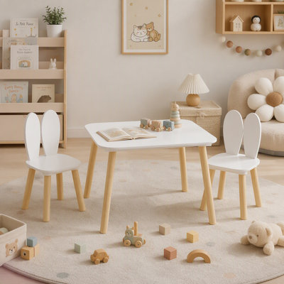 Ensemble de table et 2 chaises pour tout-petits sur le thème des lapins (3 pièces), table de jeu en bois avec pieds en bois massif