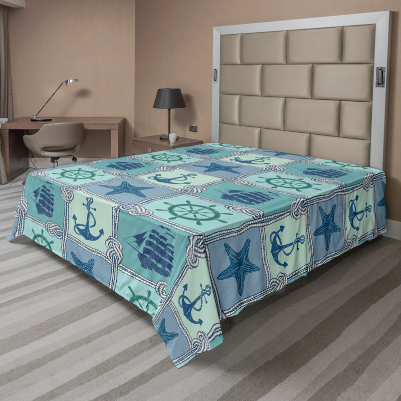 Ambesonne Anchor Top Flat Sheet Ships Wheel Turquoise Turquoise Navy, California King Flat Sheet