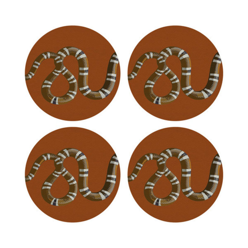 Serpent Blue Vegan Leather Round Coasters, Burnt Orange