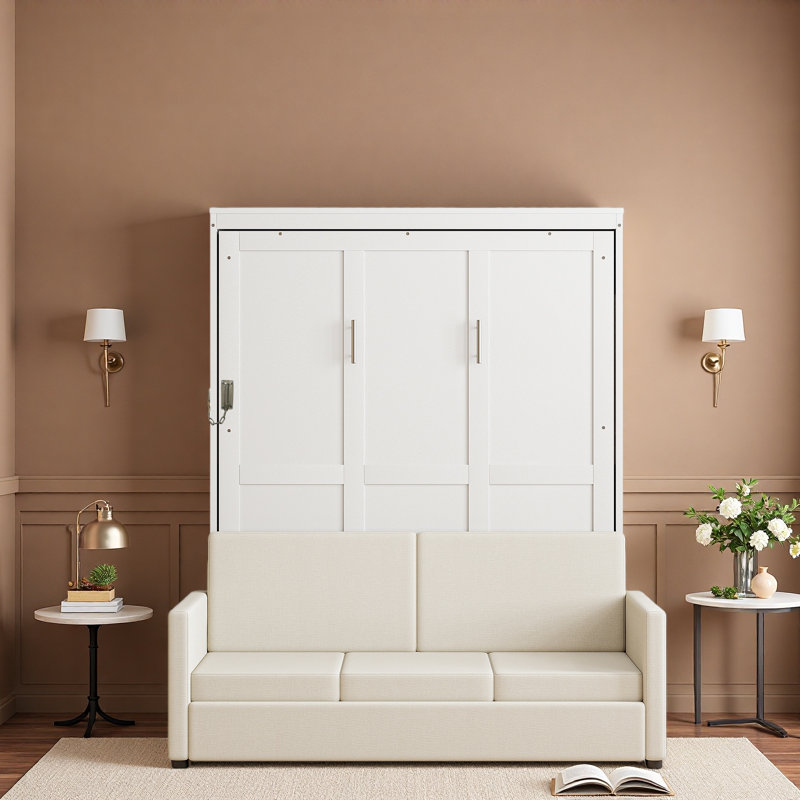 Lit escamotable double pleine grandeur avec coussin, Blanc