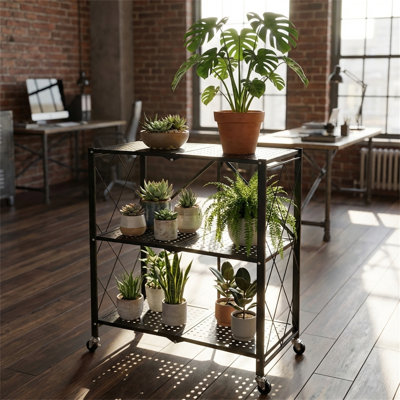 Three-tier Foldable Metal Storage Rack With Wheels; Removable Black Storage Unit, Ideal For Garages And Kitchens