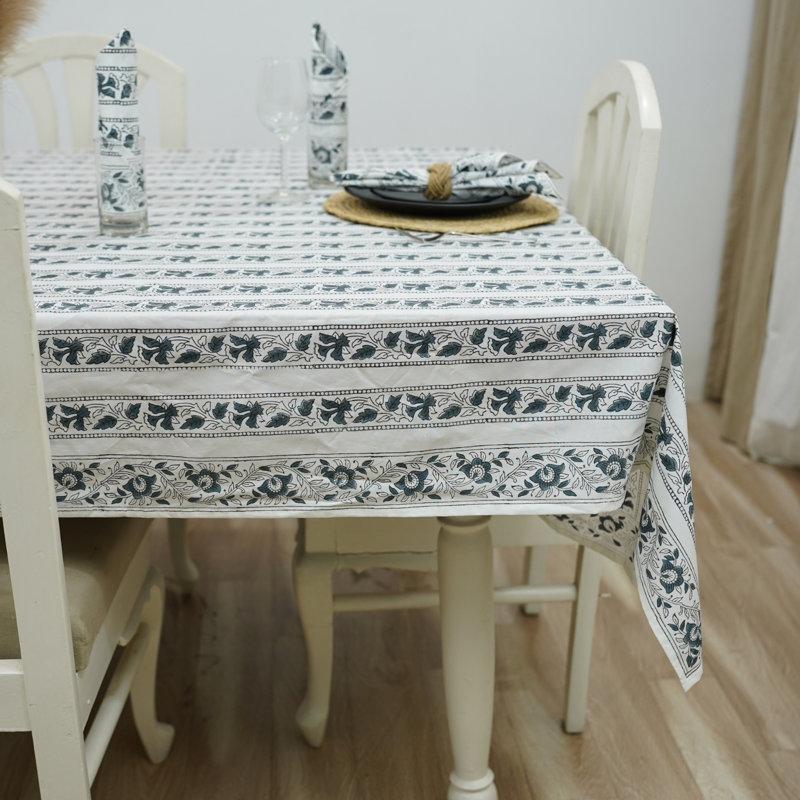 Handmade Block Print Tablecloth, with Floral Pettarn- Aradhna Bordar (12 Seater), 140" x 72"