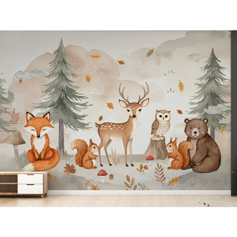 «Woodland Forest Animals», graphique mural, chambre de fille de renard, papier peint forêt, chambre de bébé autocollante, décoration murale