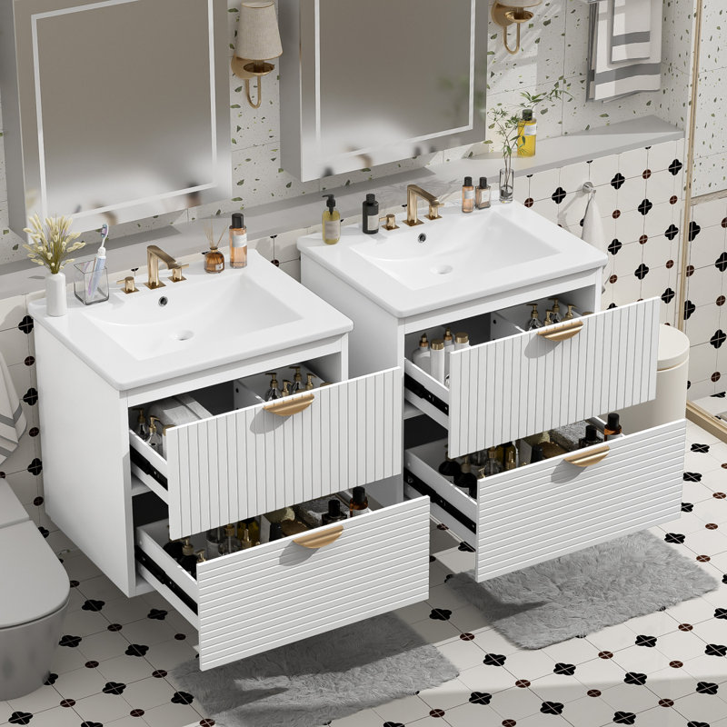 Ensemble de meuble-lavabo mural 48 po avec deux lavabos et tiroirs en céramique, Blanc