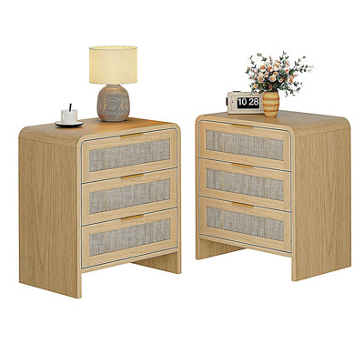 Ensemble de table de chevet 3 tiroirs en rotin de 2, table de chevet en bois incurvée de 22,8 po de largeur, rangement moderne pour la chambre à coucher, chêne naturel.