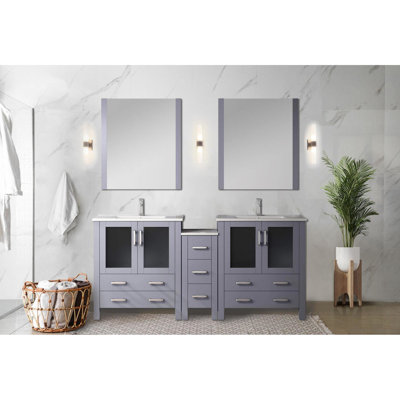 72 In. Dark Grey Double Bath Vanity With Side Cabinets, Faucet, 28 Mirrors, And A Scratch - Ceramic Top Long Lasting Surface