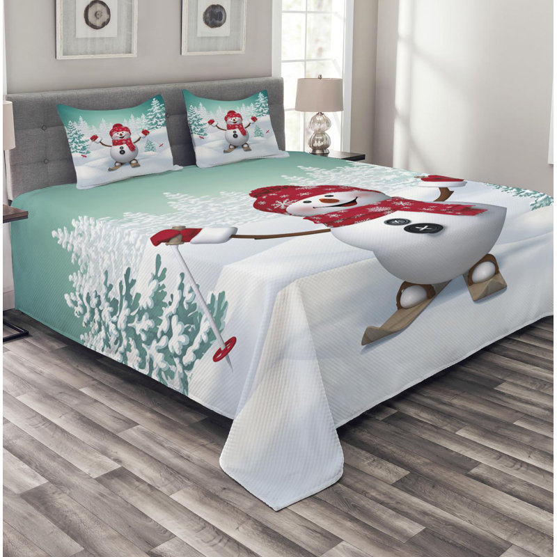 Queen Size White Quilted Snowman Bedspread Set
