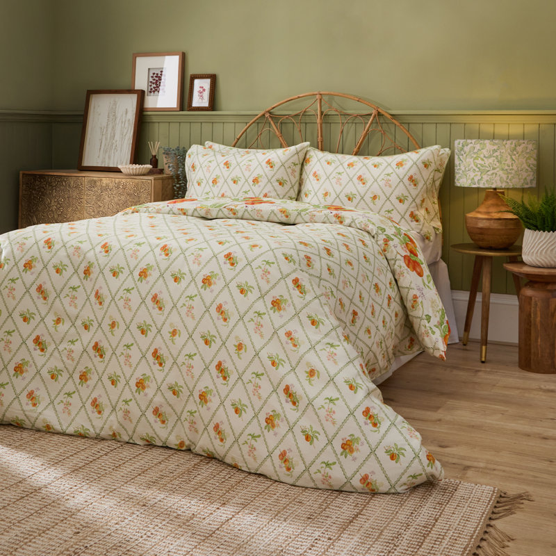 Peach Harvest Cotton Floral Duvet Cover Set with Pillowcases, Double Duvet Cover + 2 Standard Pillowcases