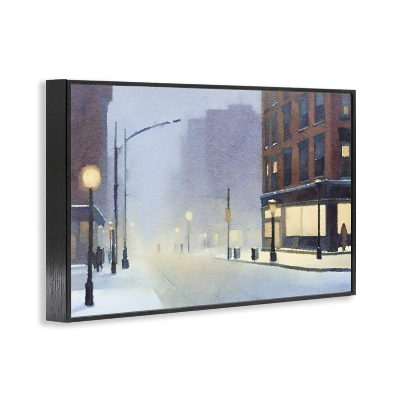  «Misty Winter City Street», estampe numérique par Noah Bay, H 12 po x l 18 po, Giclée encadrée noir minuit