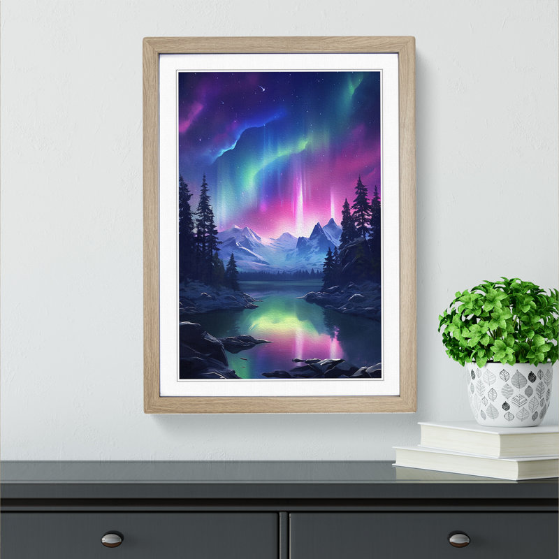 Northern Lights Realism - Single Picture Frame Print on Wood, 34cm H x 25cm W x 2cm D, Oak