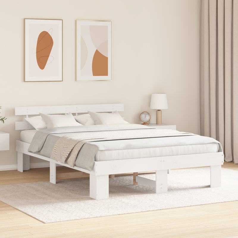 Bed Frame With Headboard Solid Wood Pine, European Kingsize (160 x 200 cm), White