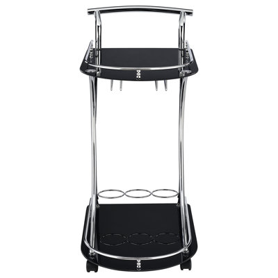 Chariot de bar 67,3 x 40 x 85,7 cm (26,5 x 15,75 x 33,75 pouces) en verre et métal, monobloc, noir élégant, tablette en verre.