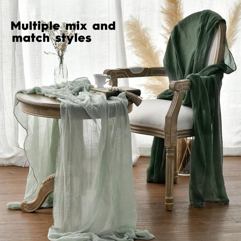 Sage Green Boho Gauze Wedding Cheesecloth Table Runner 300 cm | Seasonal Spring Bridal Fabric Kitchen Dining Holiday Table Decor for Home Party
