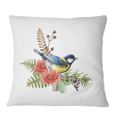 Coussin Blue Big Tit Bird With Flowers - Traditional