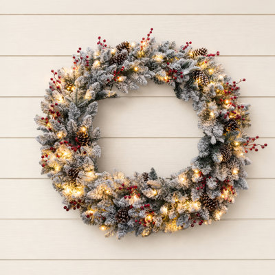 Elf Stor 48” Large Christmas Wreath with 100 Warm White Lights, Berries, Pinecones (White)