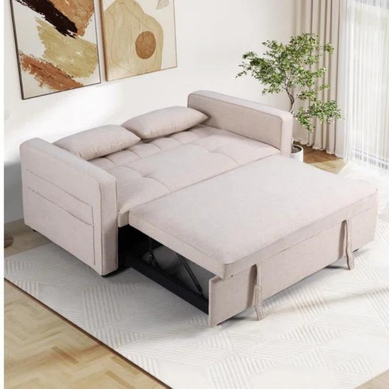 55.5" Modern Linen Futon Sofa Bed With Accent Pillow, Beige Linen Blend