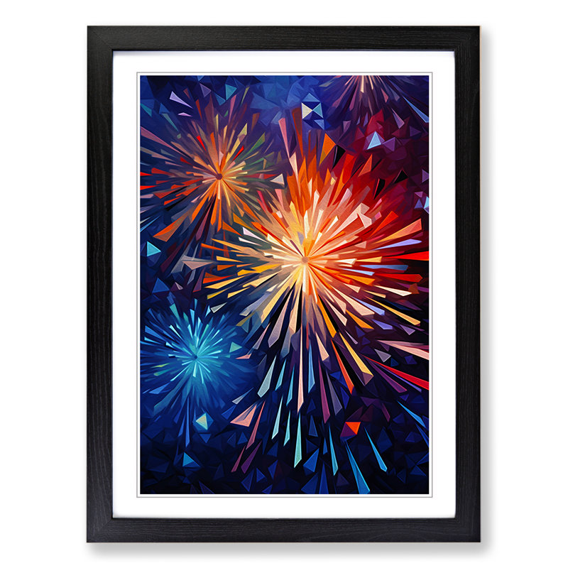 Fireworks Cubism No.2 - Single Picture Frame Print on Wood, Black, 46cm H x 34cm W x 2cm D