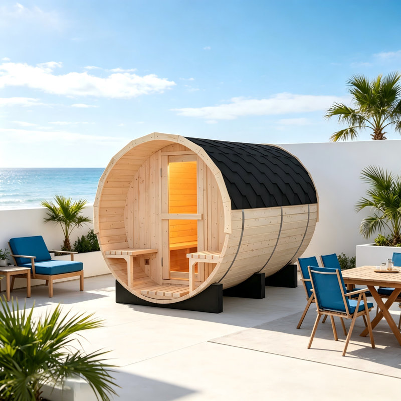 6 Person Outdoor 6KW White Pine Wood Barrel Sauna With Tempered Glass Door And Porch Benches For Backyard Patio