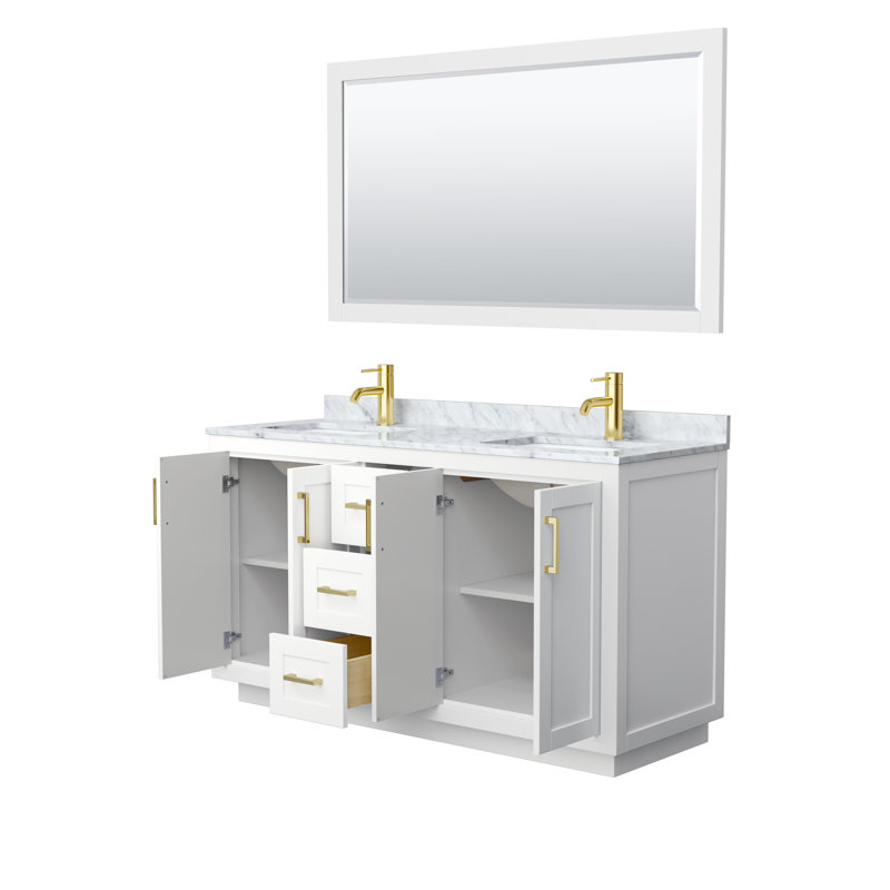 Meuble-lavabo double autoportant 60 po avec plateau en marbre Miranda, Blanc, Or brossé