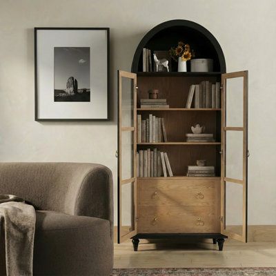 71" Arched Bookcase With Glass Doors And Solid Wood Legs - Versatile Display Cabinet & Kitchen Pantry Storage Cabinet