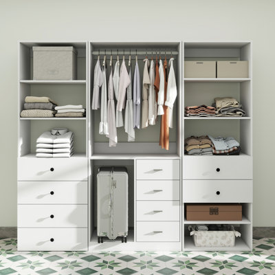 Afifah Closet Organizer System with Drawers and Hanging Rods, Open Wardrobe for Walk-in Closet with Multiple Shelves