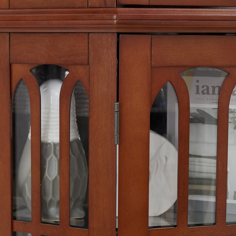 Vitrine d'angle avec 4 tablettes réglables en verre trempé et système d'éclairage, pieds en bois massif, panneau arrière en miroir en acrylique (ampoule E26 non incluse)
