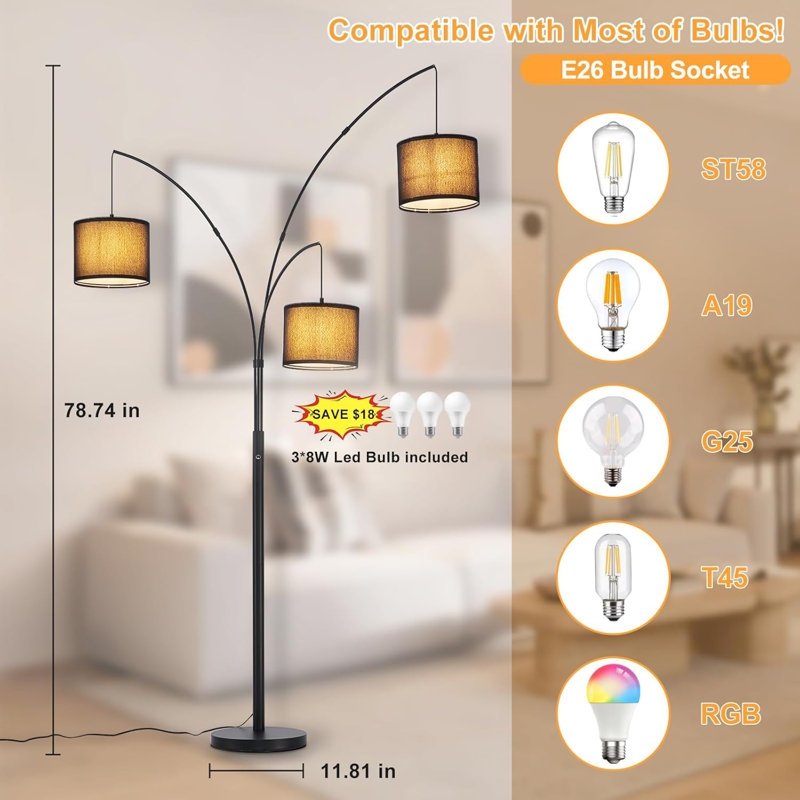 Lampe sur pied à arc moderne à 3 lumières à intensité variable avec têtes réglables, base en métal robuste et ampoules à DEL incluses pour le salon, la chambre à coucher ou le bureau