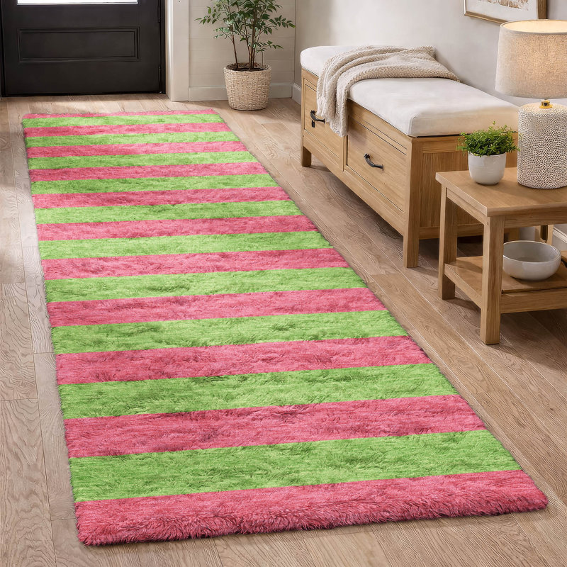 Premium Machine Washable Dream Shag ADS530 Striped Rug, 2'3" x 7'6" Runner, Blush