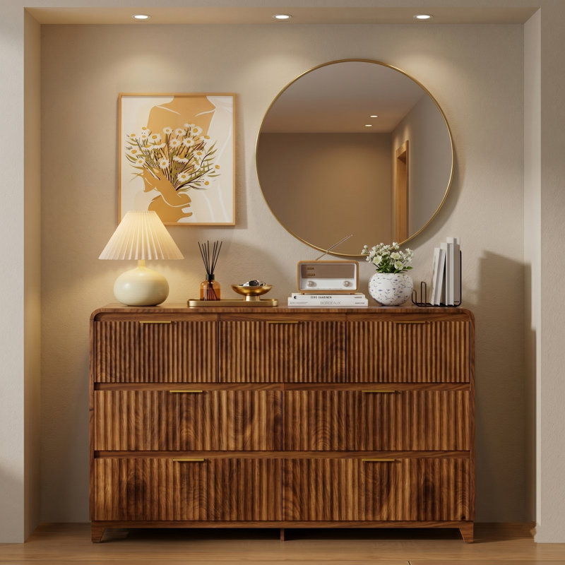 Commode à 7 tiroirs 47,2 po, avec commode en bois et poignées dorées pour chambre à coucher, salon et couloir, Noyer