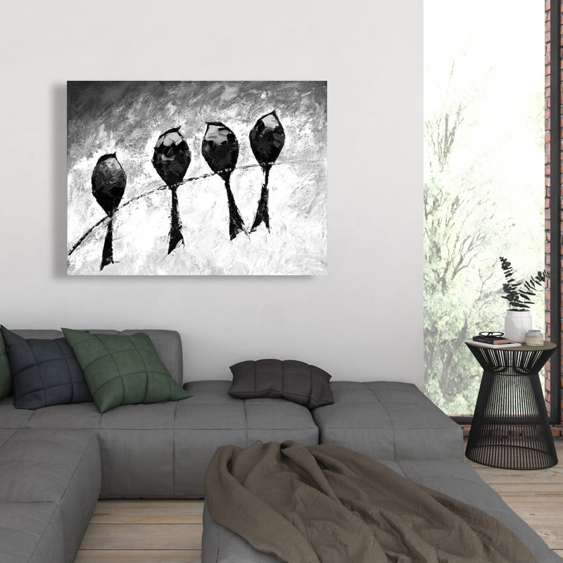 Quatre oiseaux perchés - Toile blanche monochrome pour la décoration intérieure