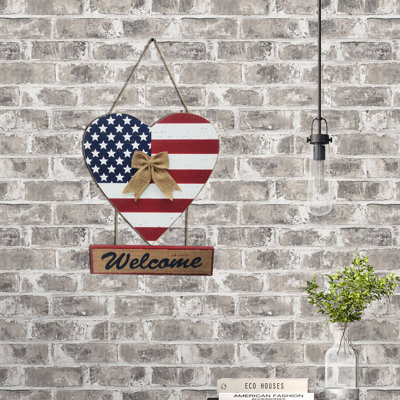 Wood Rustic American Flag Front Door Wreath Heart With Welcome Sign Patriotic Wall Decoration