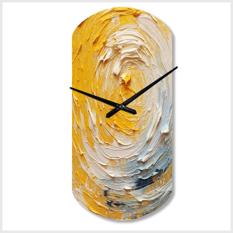 Jaune crème harmonie spirale jaune - spirale abstraite asymétrique horloge murale en métal, forme d'horloge murale moderne unique