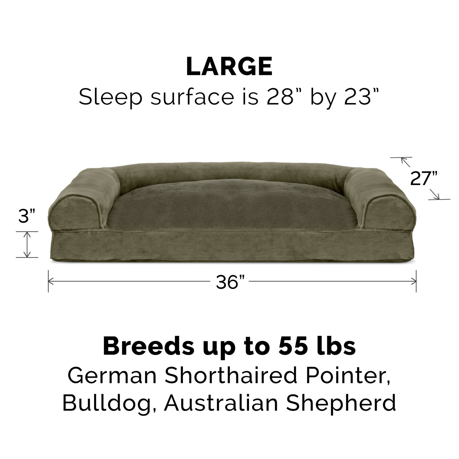 Faux Fur and Velvet Pillow Sofa Pet Bed, Dark Sage, Large (36" W x 27" D x 6.5" H)