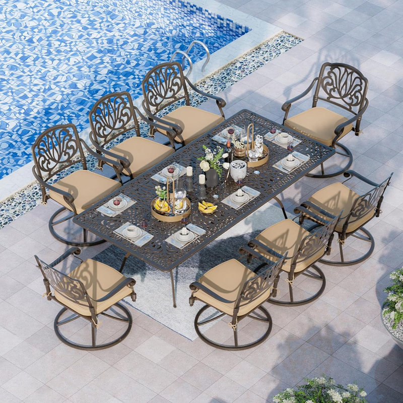 Andromede 8 - Person Patio Dining Set Umbrella Hole Included Rectangular Table with Cushions Included, Beige