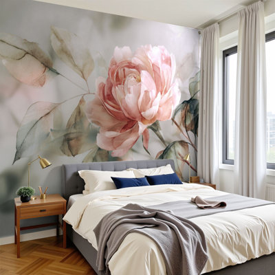 Peel and Stick Wallpaper Minimalist Botanical Watercolor Blush Peony Subtle Greens Wall Murals 100"H x 144"W Removable PVC Wall Paper Self-Adhesive Wall Decor for Bedroom Living Room Home Office