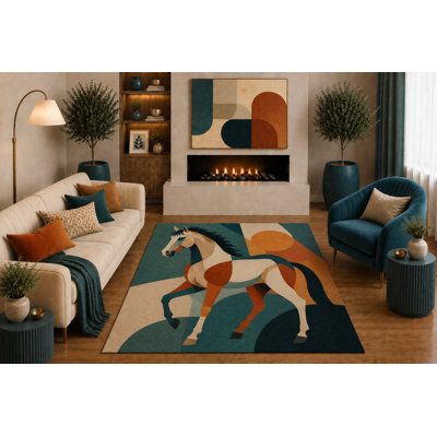 Tapis de course à cheval abstrait 5 pi x 7 pi «Ultra Léger» Art équestre de style Mid-Century pour le salon, la chambre à coucher, le bureau, la maison de ferme, le décor en silicone antidérapant et le velours