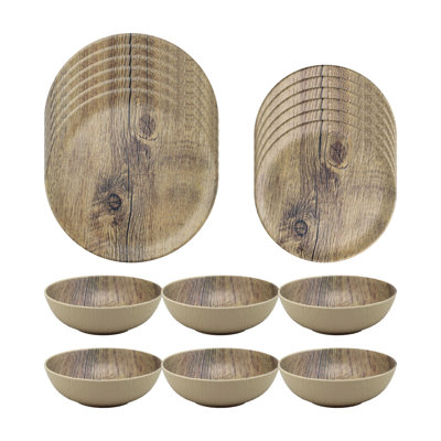 Wood Brown 18 Piece Melamine Dinnerware Set Plate and Bowl Set - Service for 6
