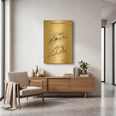 'F-117 Nighthawk Stealth Fighter Blueprint Patent Parchment' By LUXE Gold Metal Wall Art, 24" x 36"