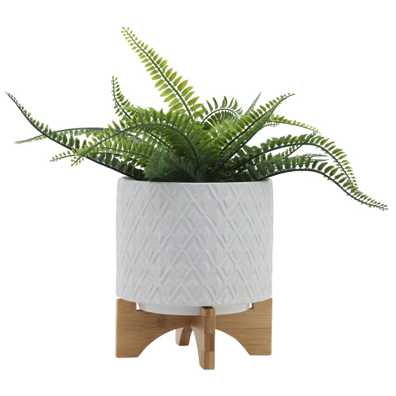 Gillett Modern Ceramic Planter with Wooden Stand - Stylish Textured Design, Contemporary Home Decor Accent, Durable Stoneware Construction, Sleek and Minimalist Look for Indoor Spaces