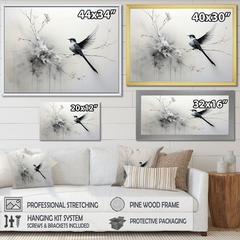 Minimalisme, oiseaux, paradis, branche florale IV sur toile, H 30 po x l 40 po x P 1,5 po