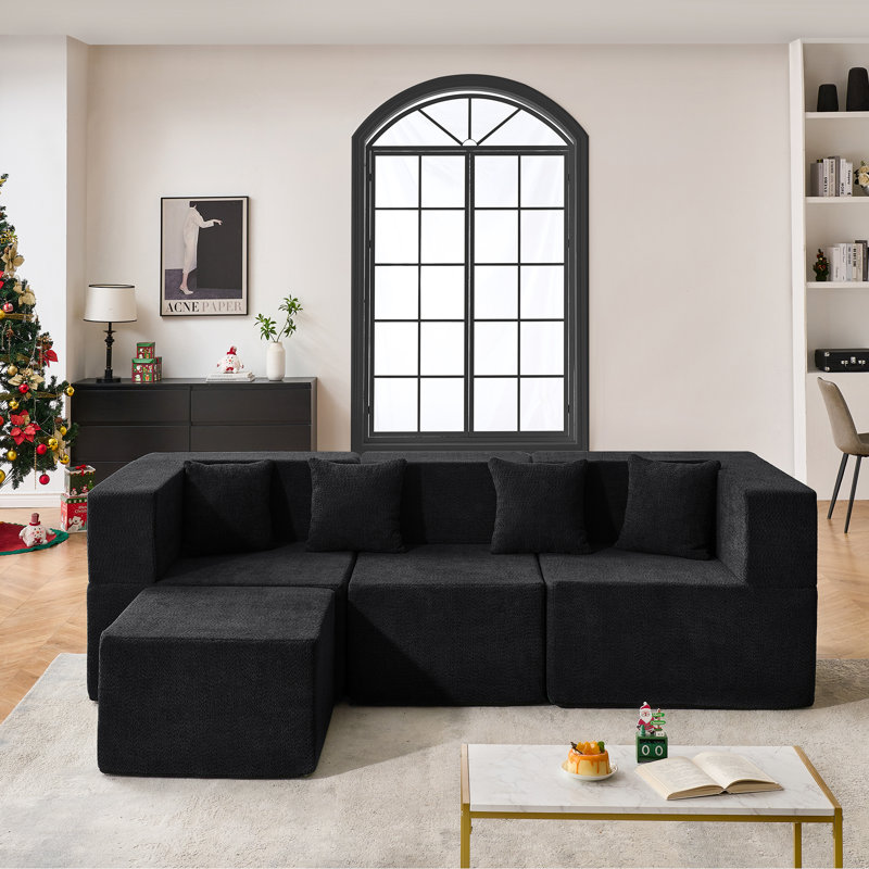 Modern Minimalist Boneless U-Shaped Modular Sectional Sofa with 1 Ottoman, Black Boucle