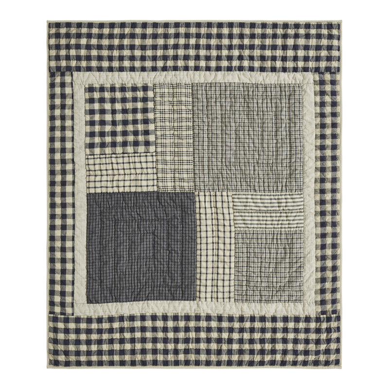 Navy and Beige Cotton Patchwork Quilted Throw Blanket 50x60