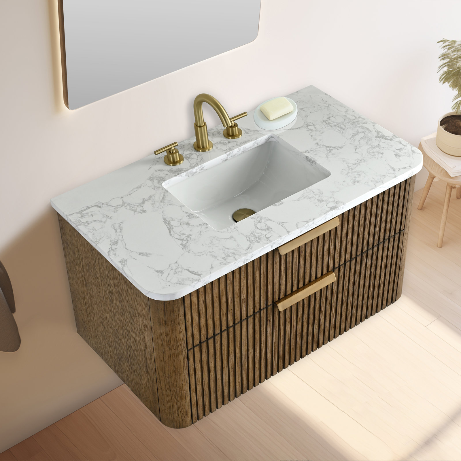 Liljan 36" Oak Single Bathroom Vanity, Aged Oak/Brushed Bronze