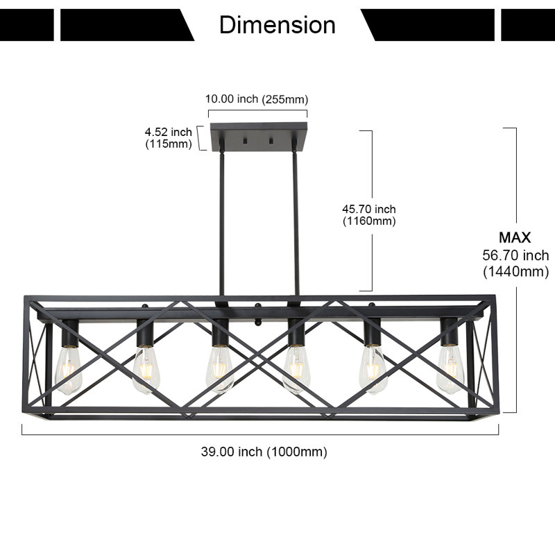 Luminaire suspendu linéaire à 6 lumières pour îlot de cuisine Sedef, Noir