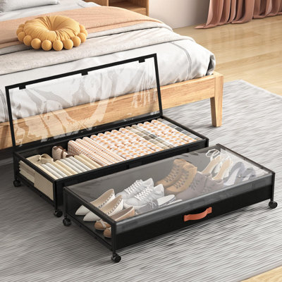 Rangement sous le lit avec roulettes, contenants de rangement sous le lit avec couvercles transparents, noir