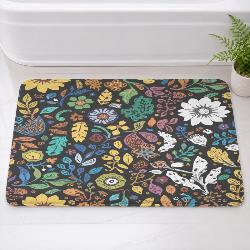 Tapis de bain noir à motif floral, 34 po L x 21 po L, Arc-en-ciel noir